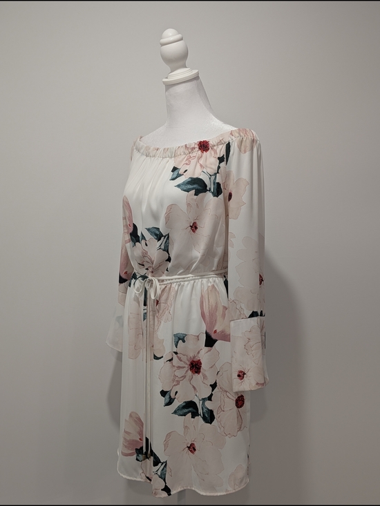 Dynamite Dresses & Skirts - Dynamite Floral Off-Shoulder Tie-Waist Long Sleeve Dress in White and Pink